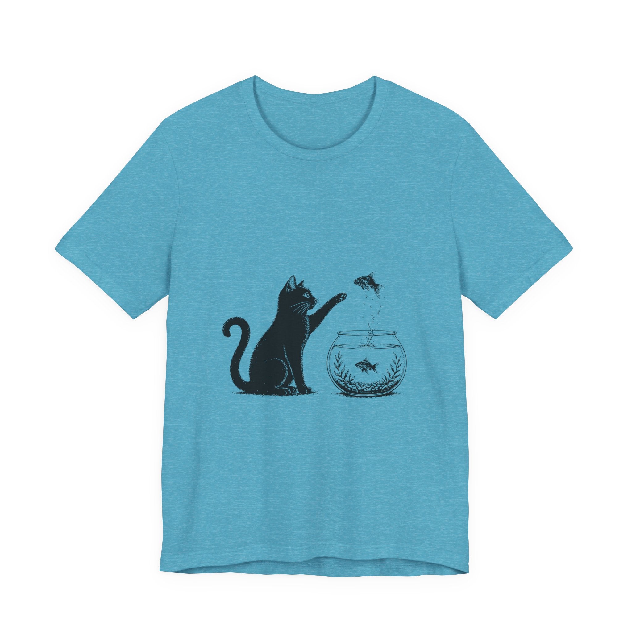 Cat and Goldfish Tee — Playful Black Cat Fishbowl Graphic T-Shirt