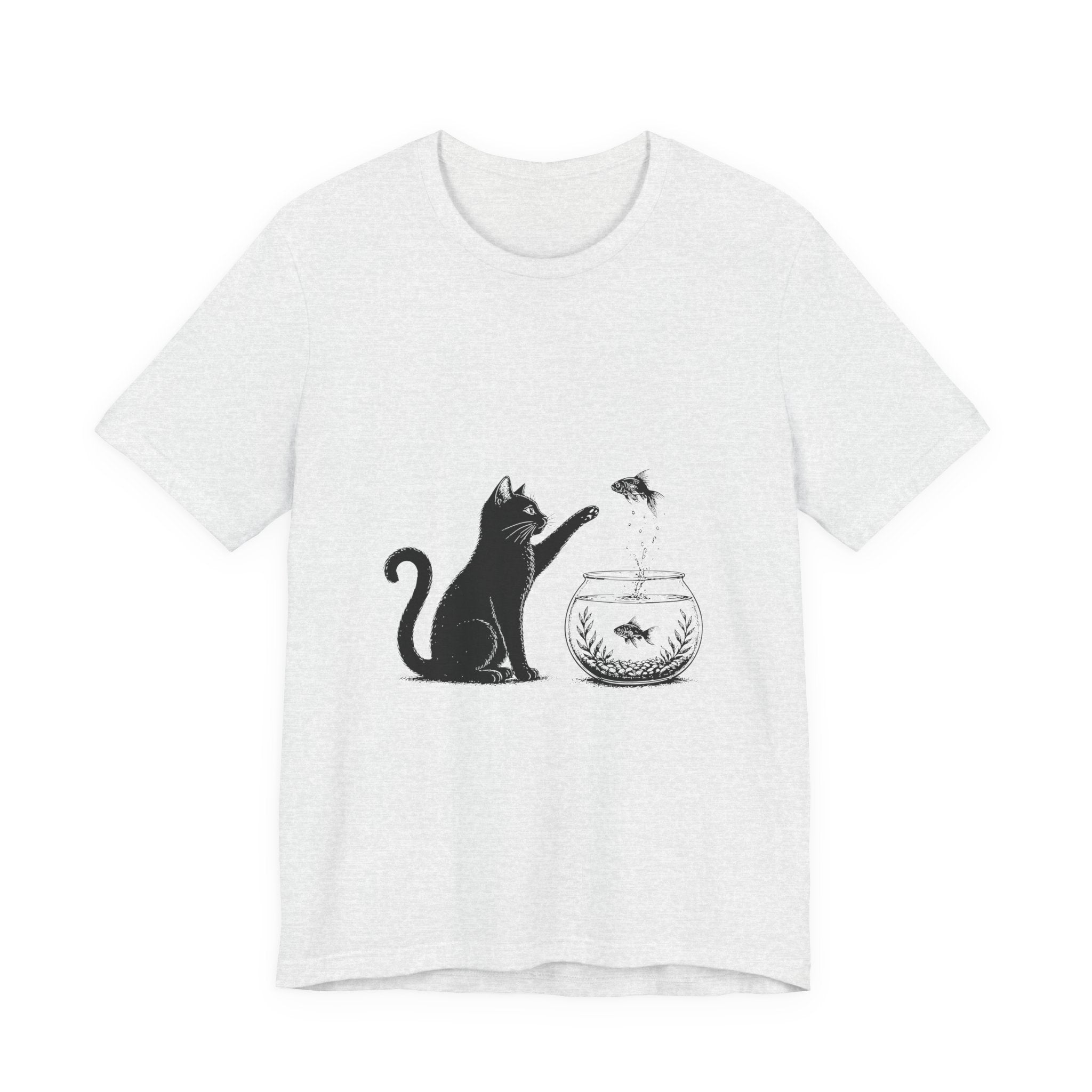 Cat and Goldfish Tee — Playful Black Cat Fishbowl Graphic T-Shirt