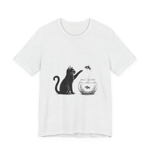 Cat and Goldfish Tee — Playful Black Cat Fishbowl Graphic T-Shirt