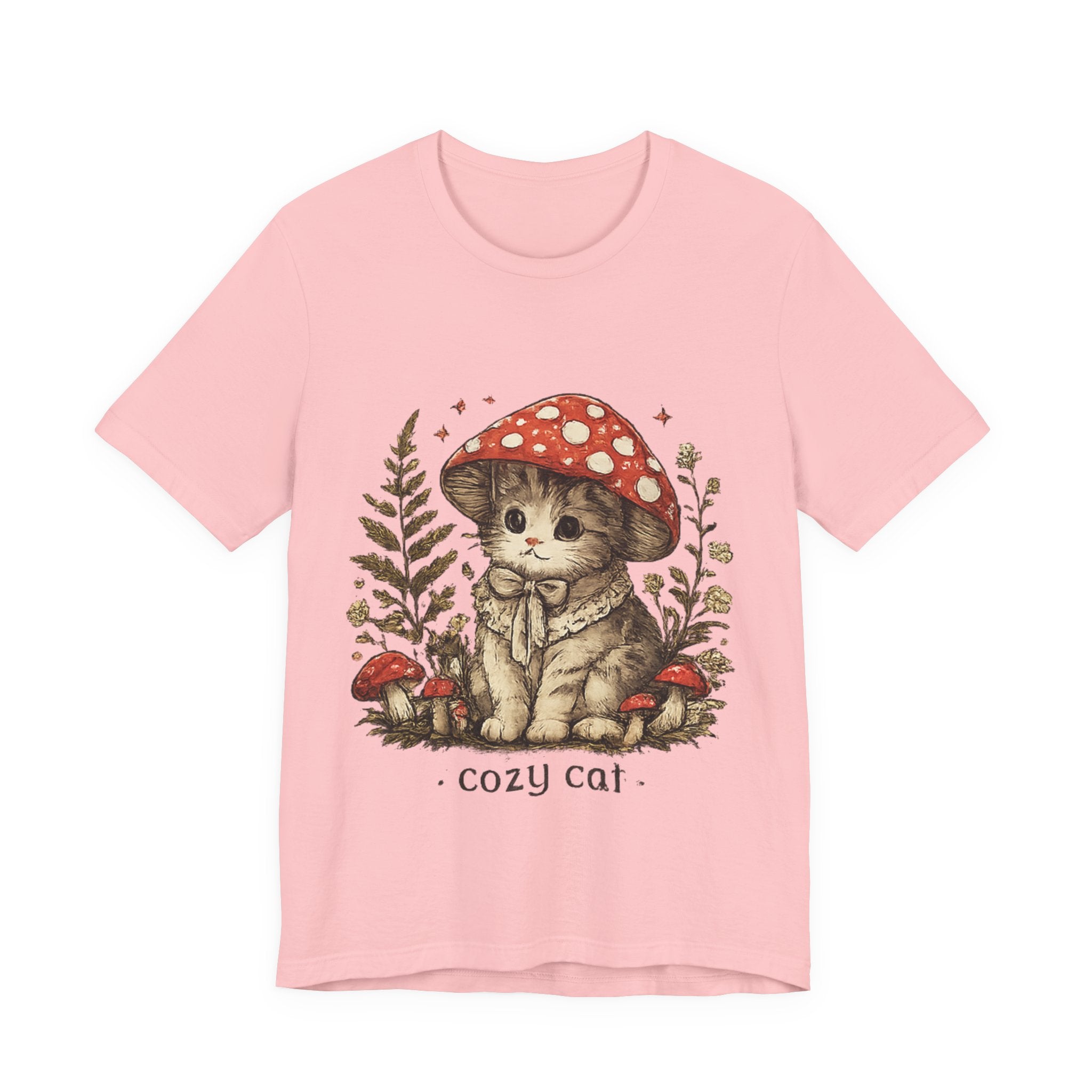 Cozy Cat Mushroom T-Shirt — Cute Woodland Kitten Graphic Tee