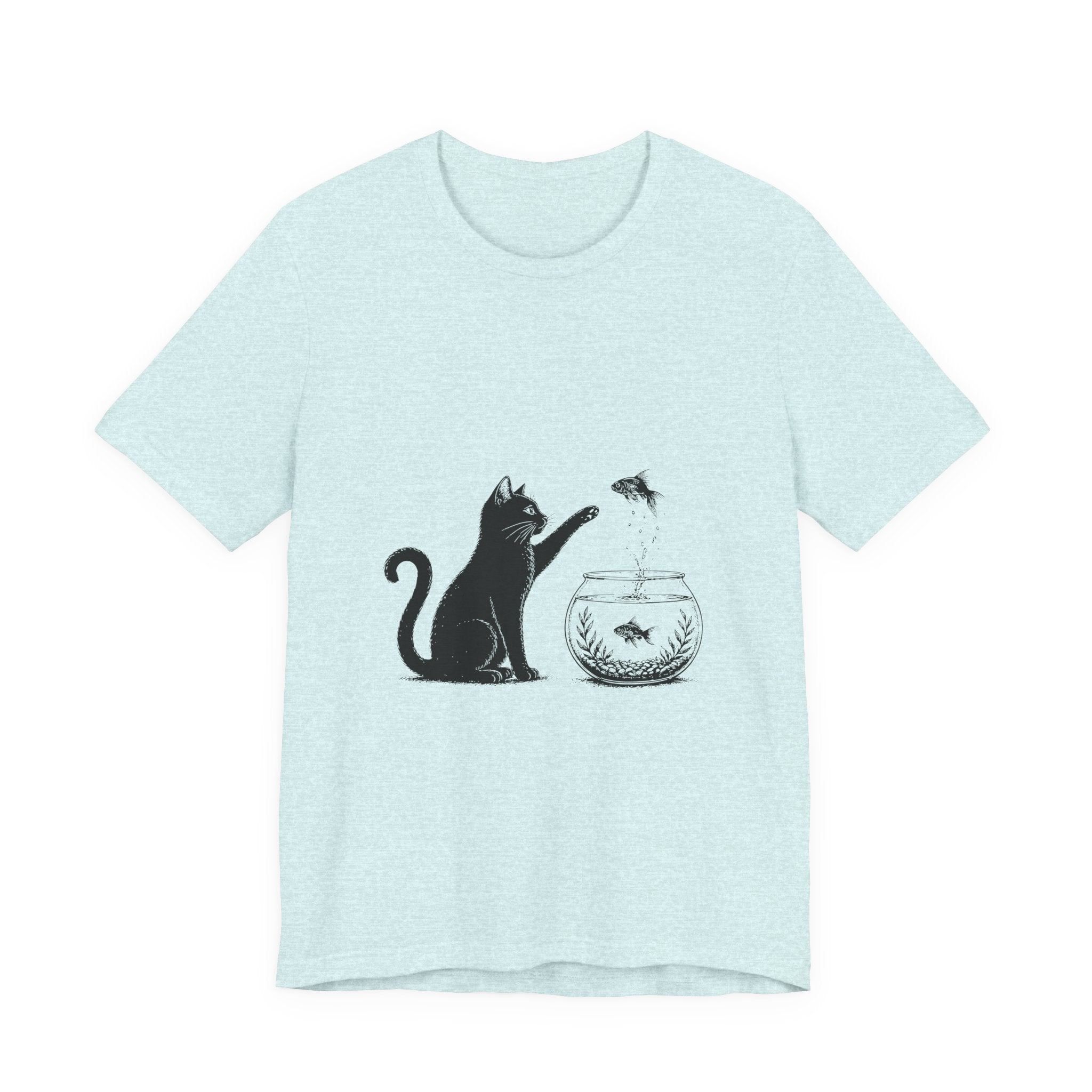 Cat and Goldfish Tee — Playful Black Cat Fishbowl Graphic T-Shirt