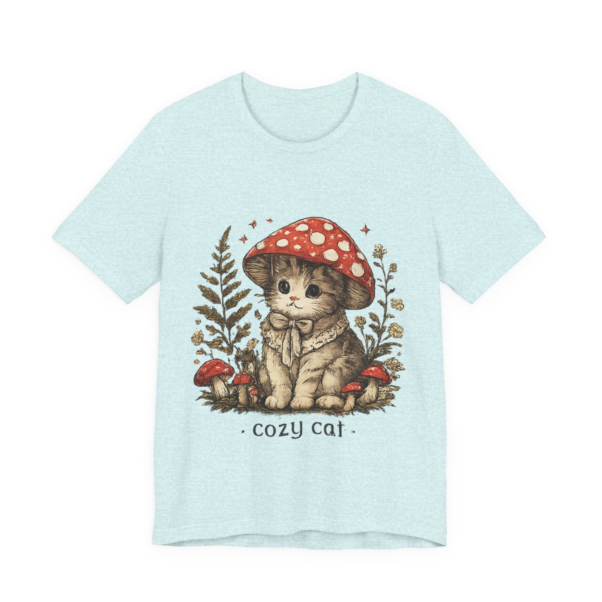 Cozy Cat Mushroom T-Shirt — Cute Woodland Kitten Graphic Tee