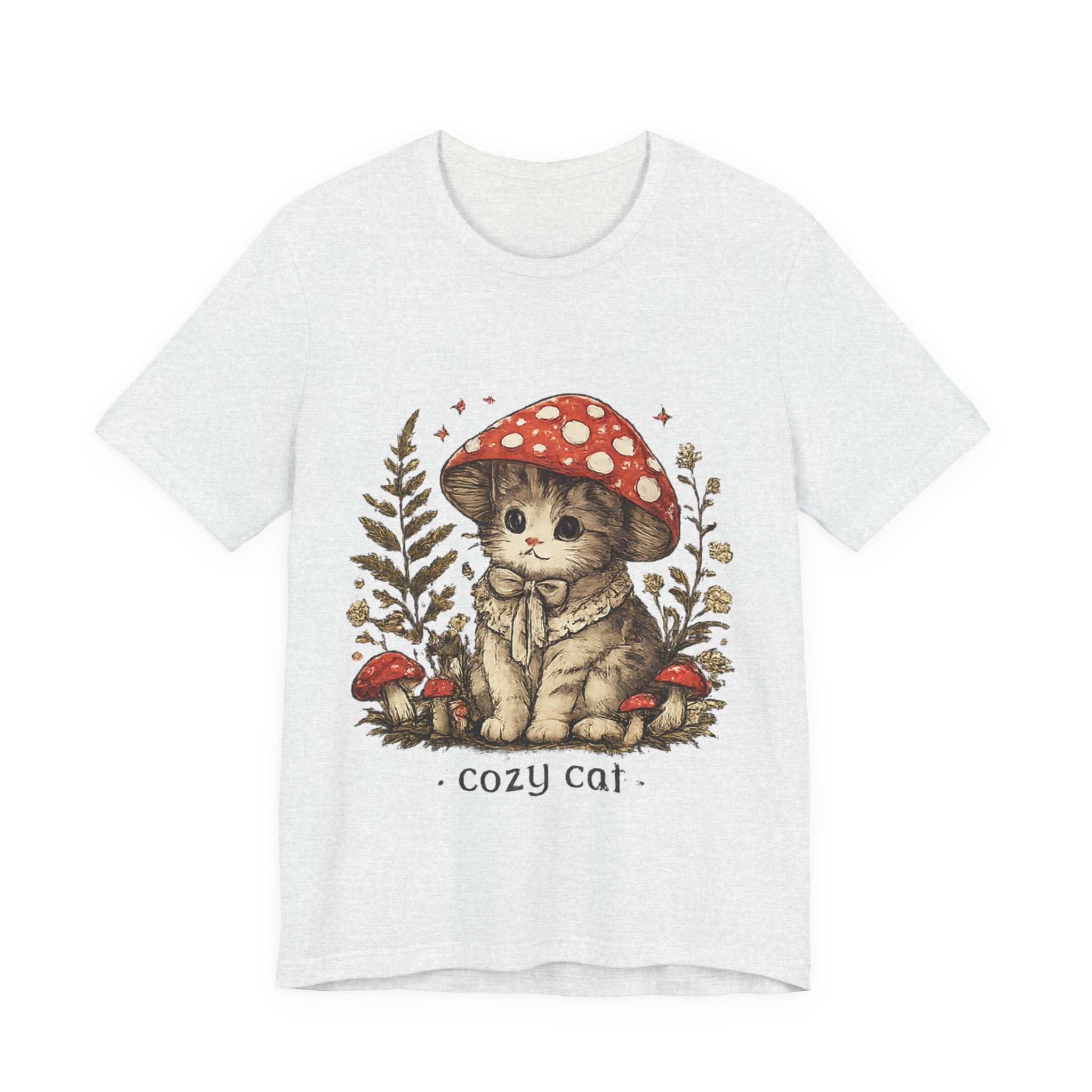 Cozy Cat Mushroom T-Shirt — Cute Woodland Kitten Graphic Tee