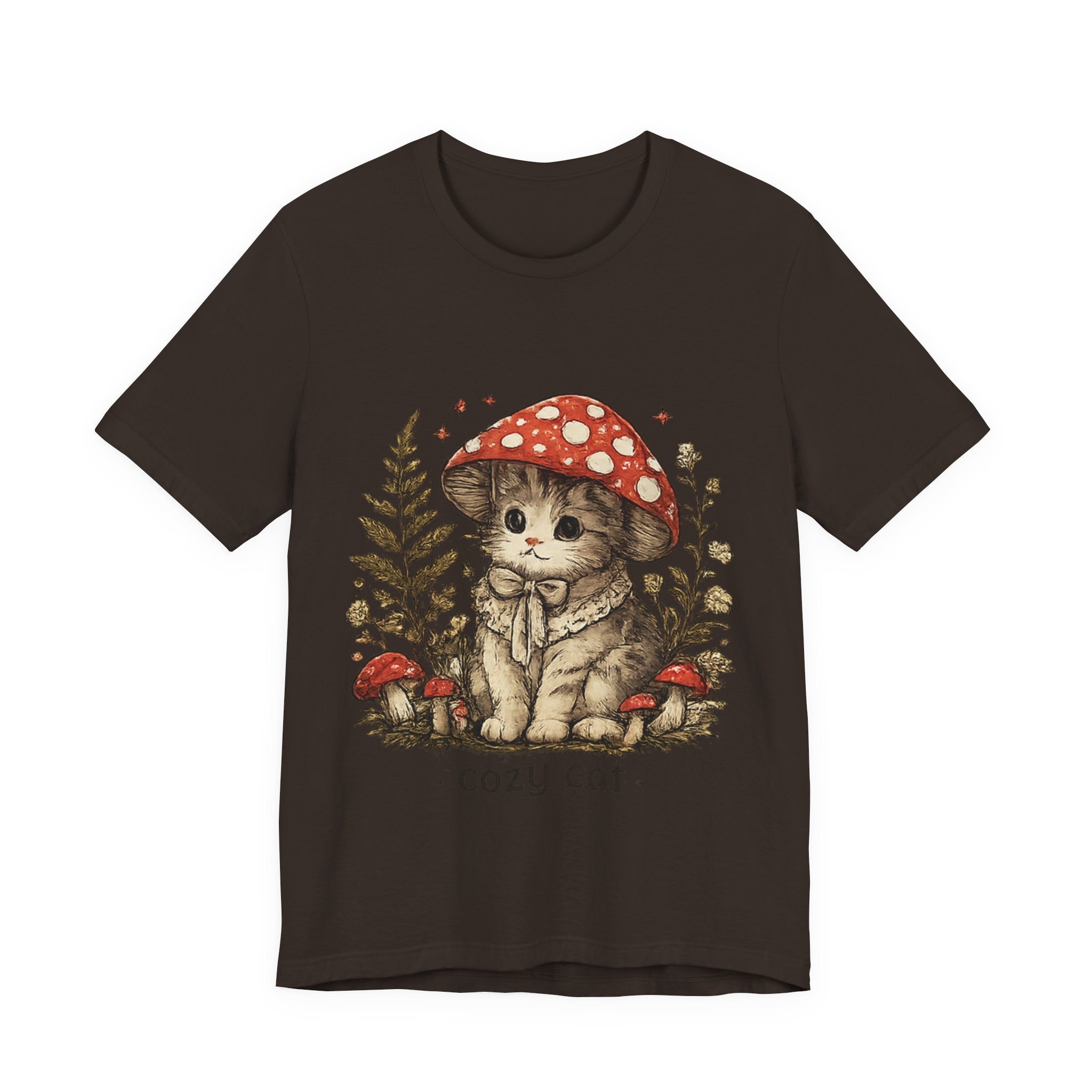 Cozy Cat Mushroom T-Shirt — Cute Woodland Kitten Graphic Tee