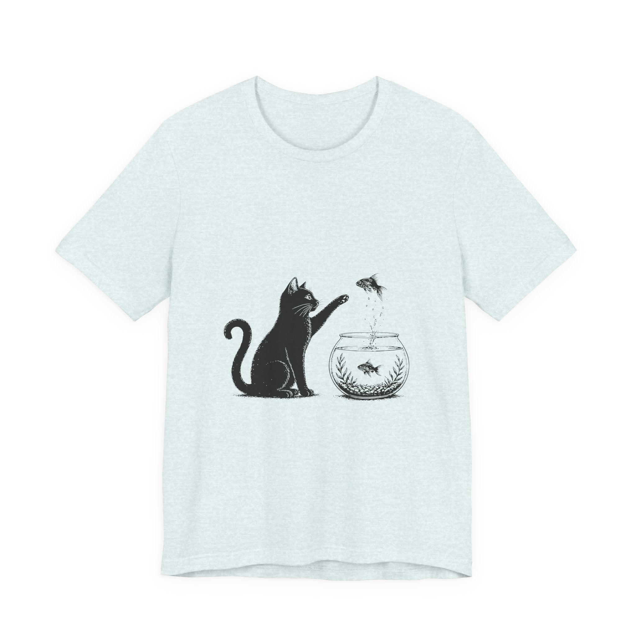 Cat and Goldfish Tee — Playful Black Cat Fishbowl Graphic T-Shirt