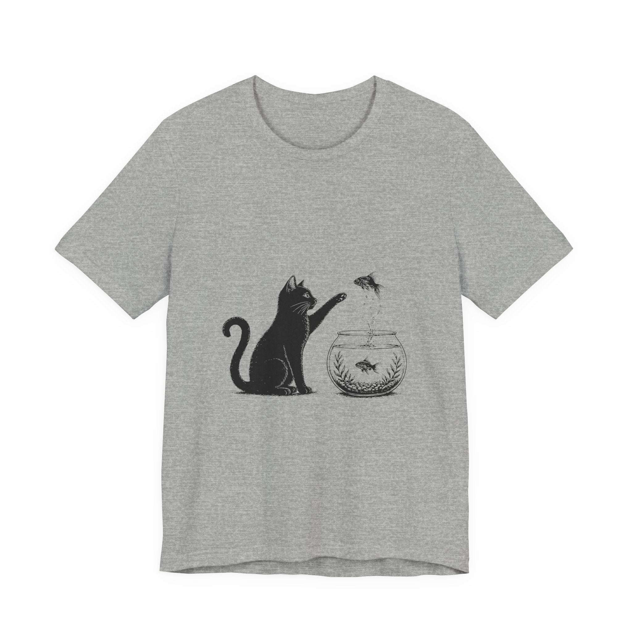 Cat and Goldfish Tee — Playful Black Cat Fishbowl Graphic T-Shirt