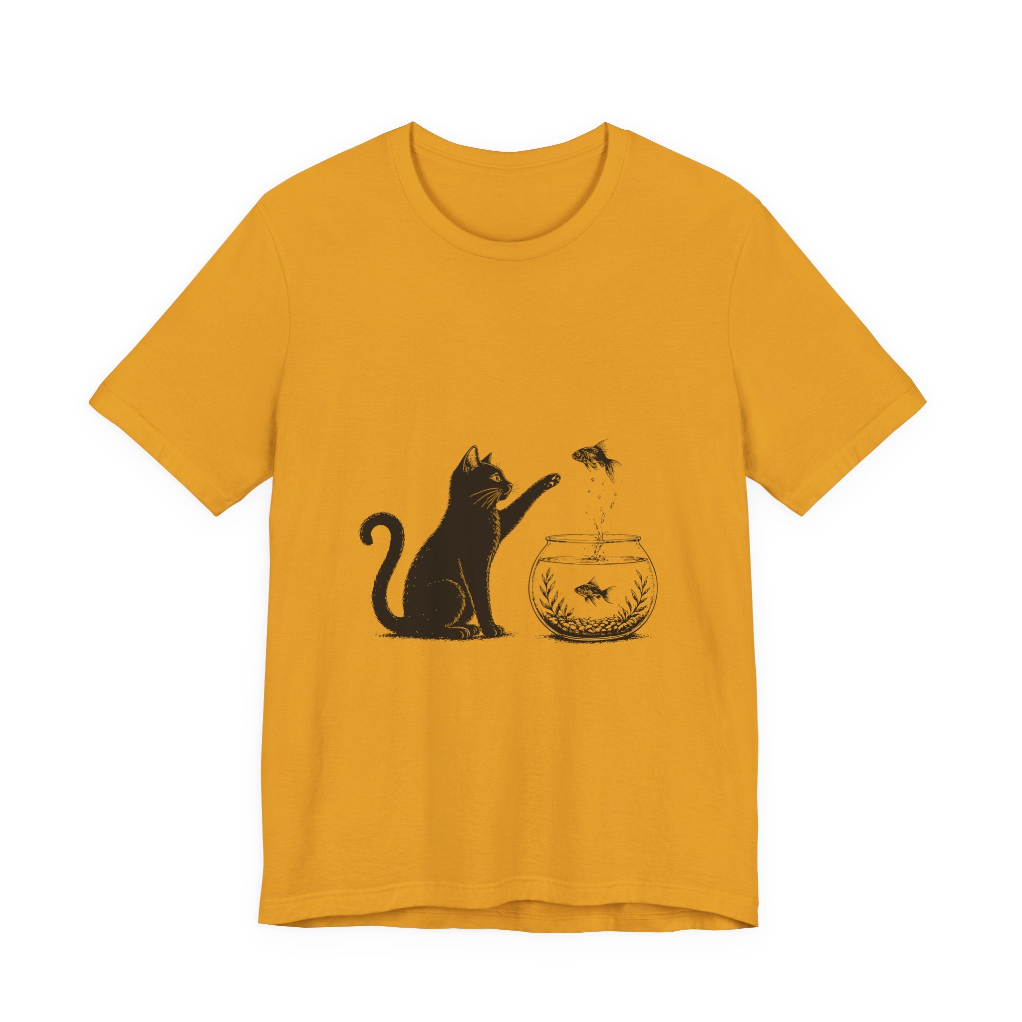Cat and Goldfish Tee — Playful Black Cat Fishbowl Graphic T-Shirt