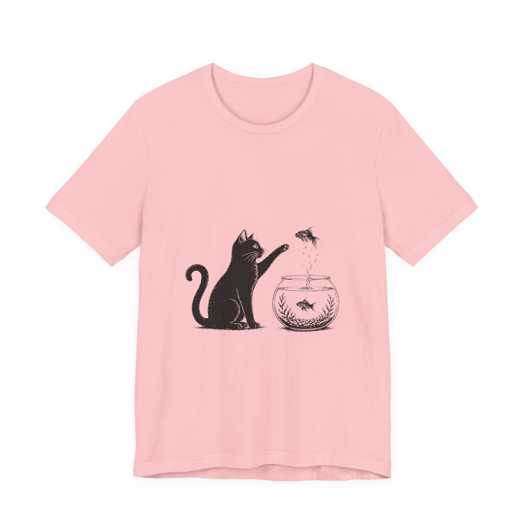 Cat and Goldfish Tee — Playful Black Cat Fishbowl Graphic T-Shirt