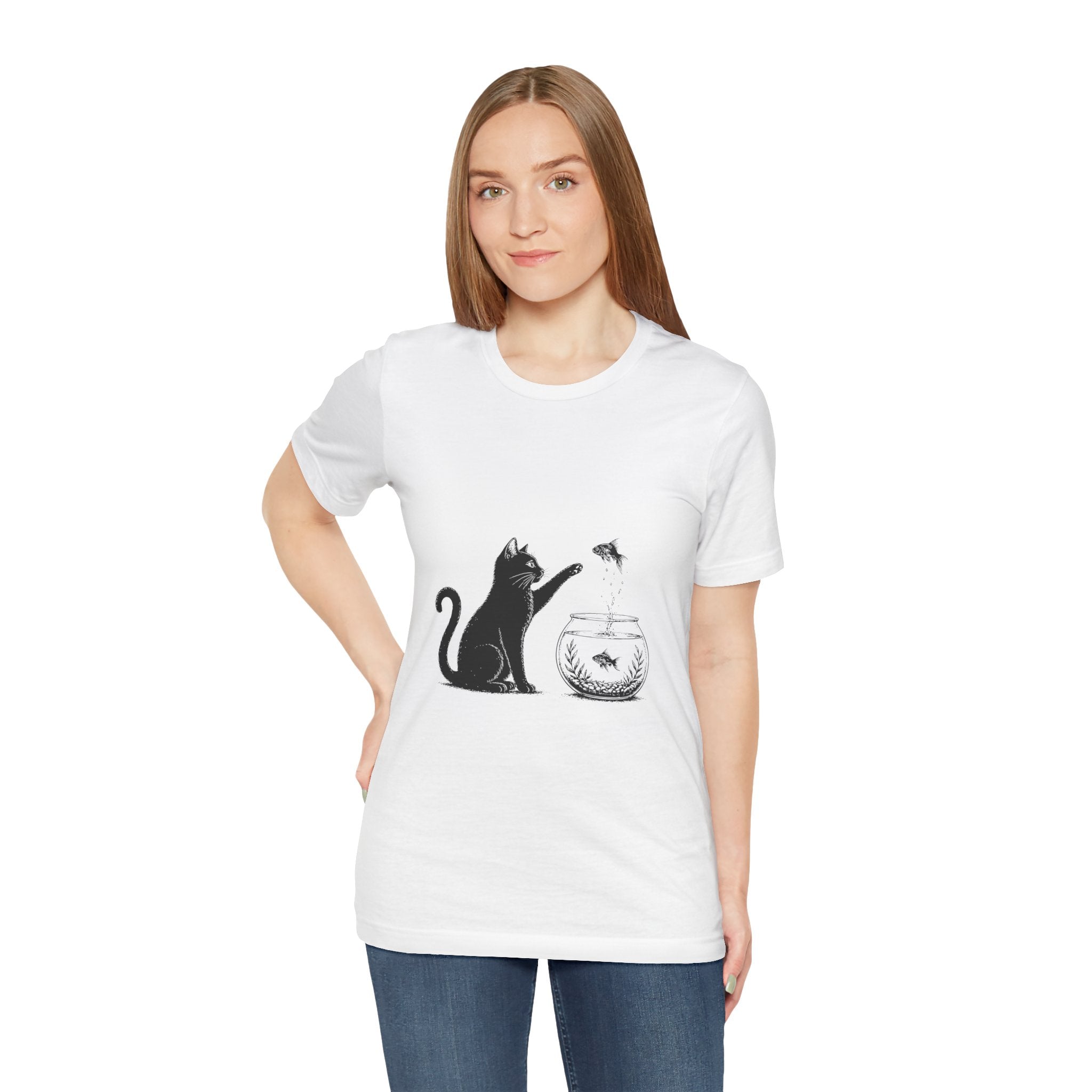 Cat and Goldfish Tee — Playful Black Cat Fishbowl Graphic T-Shirt