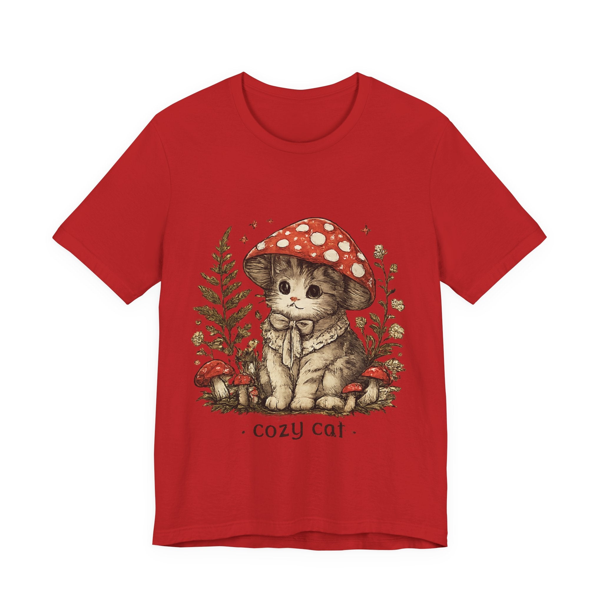 Cozy Cat Mushroom T-Shirt — Cute Woodland Kitten Graphic Tee