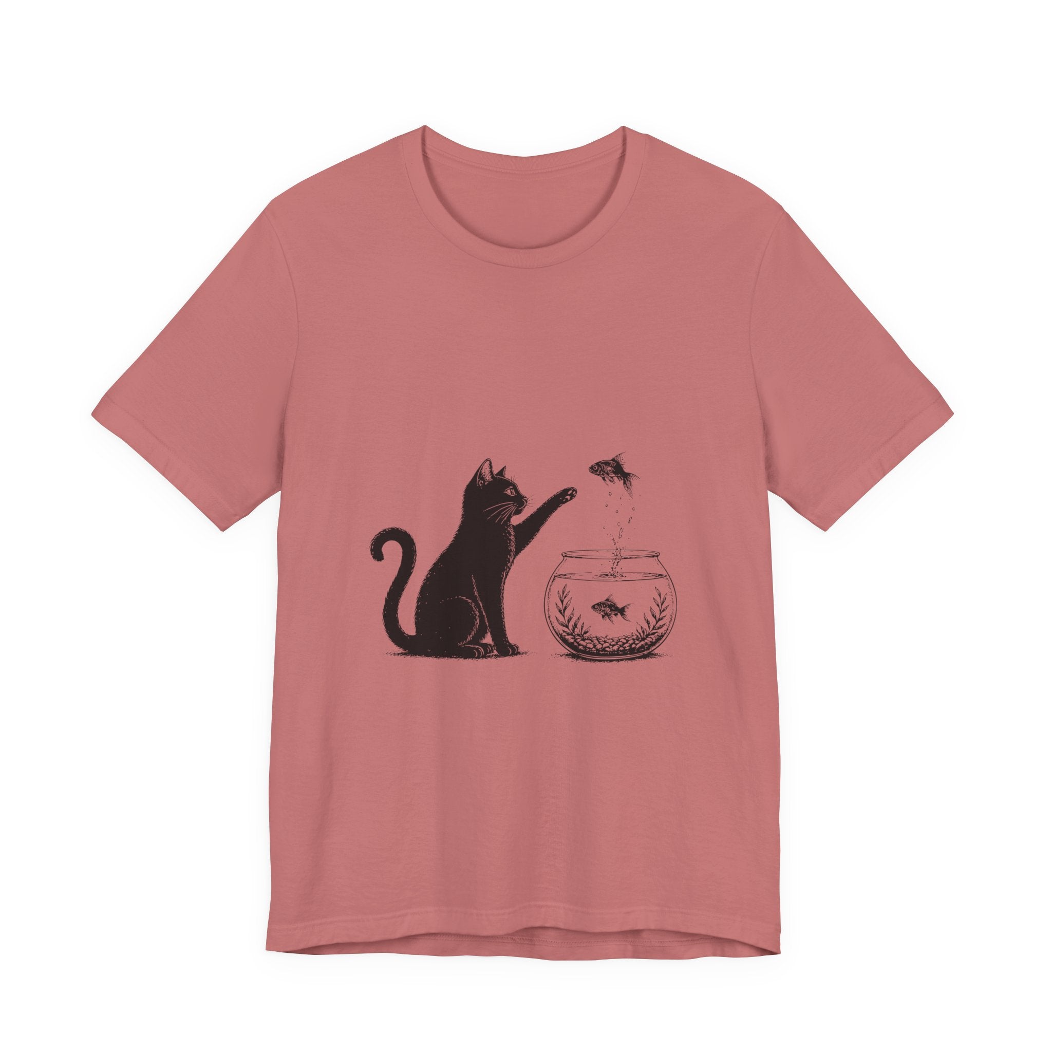 Cat and Goldfish Tee — Playful Black Cat Fishbowl Graphic T-Shirt