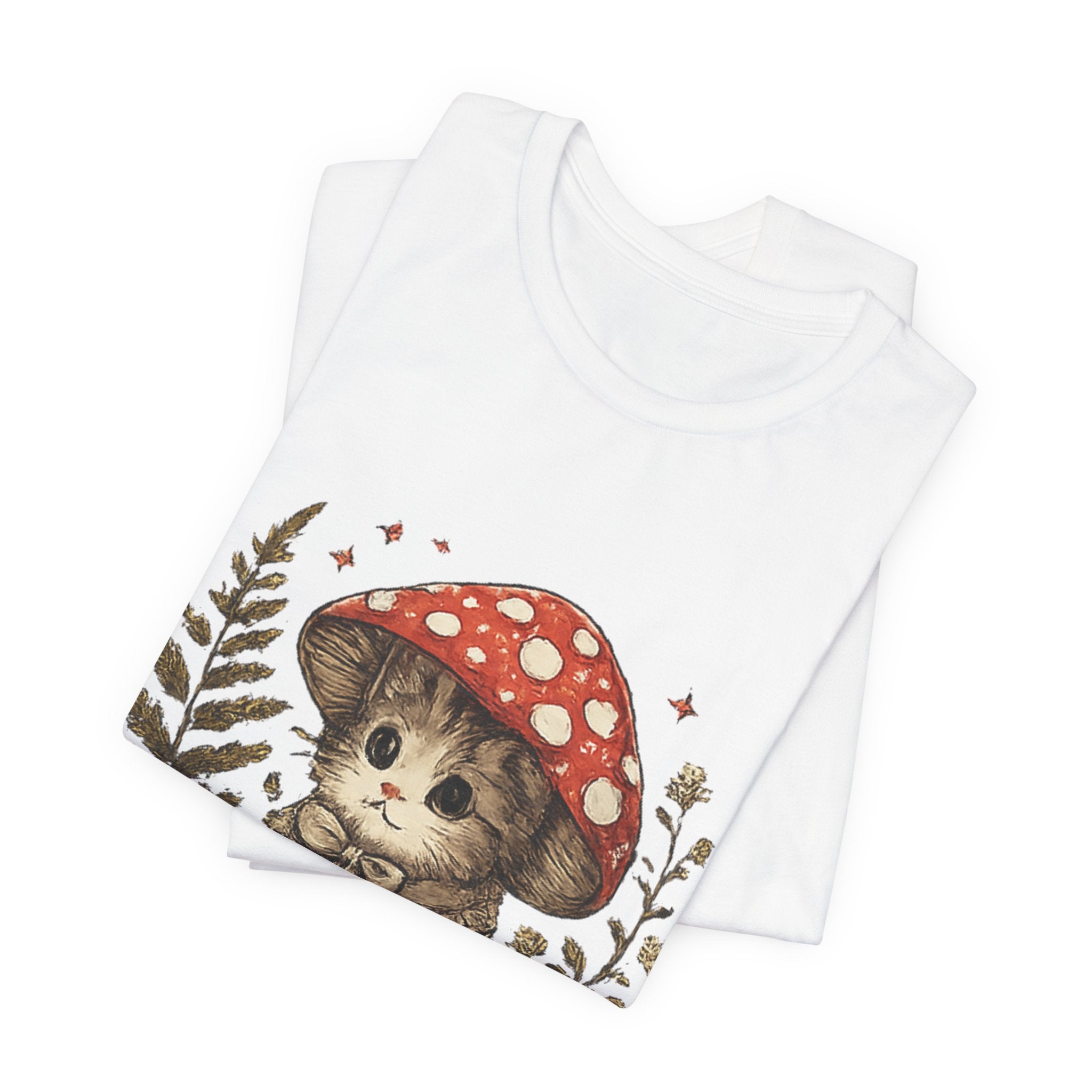 Cozy Cat Mushroom T-Shirt — Cute Woodland Kitten Graphic Tee