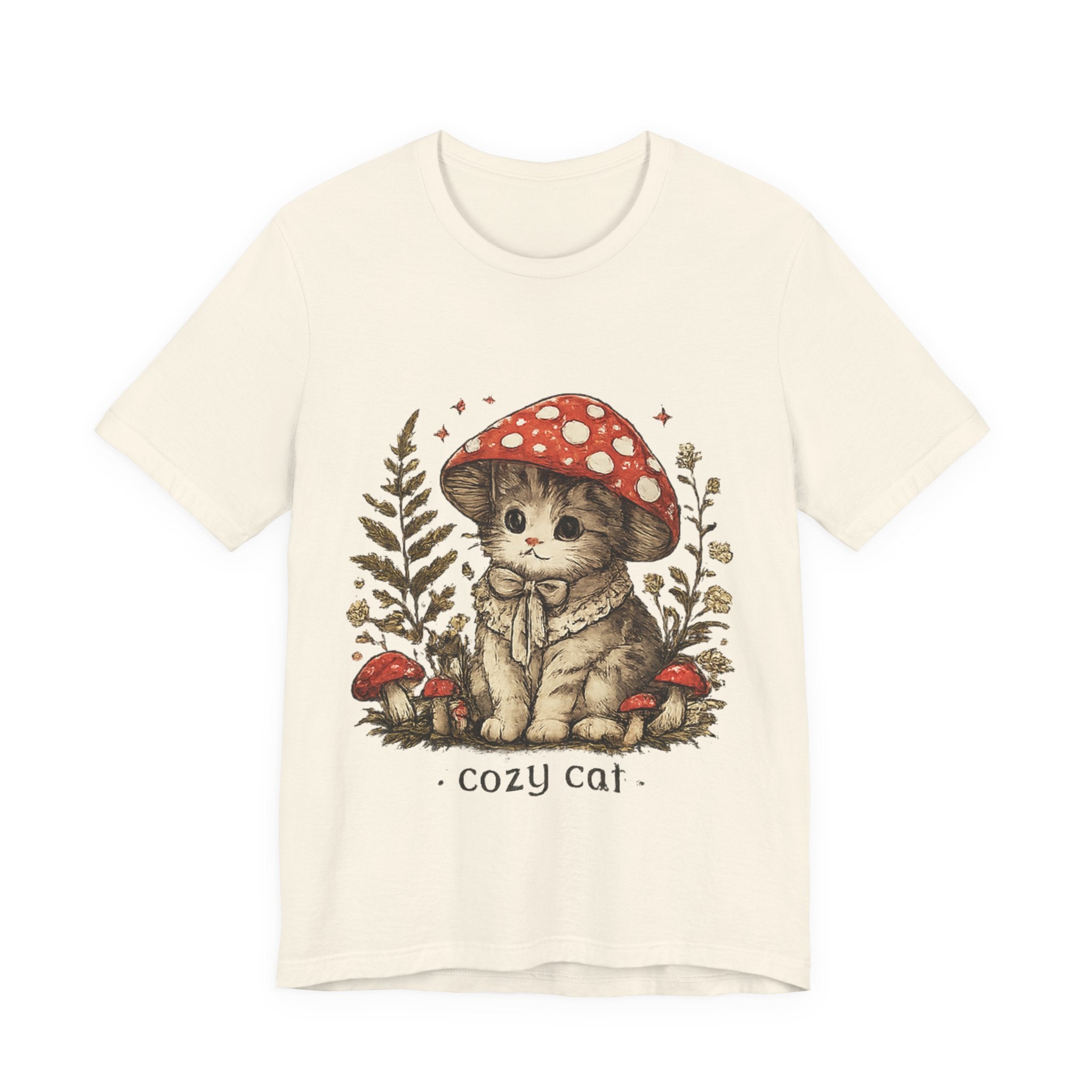 Cozy Cat Mushroom T-Shirt — Cute Woodland Kitten Graphic Tee