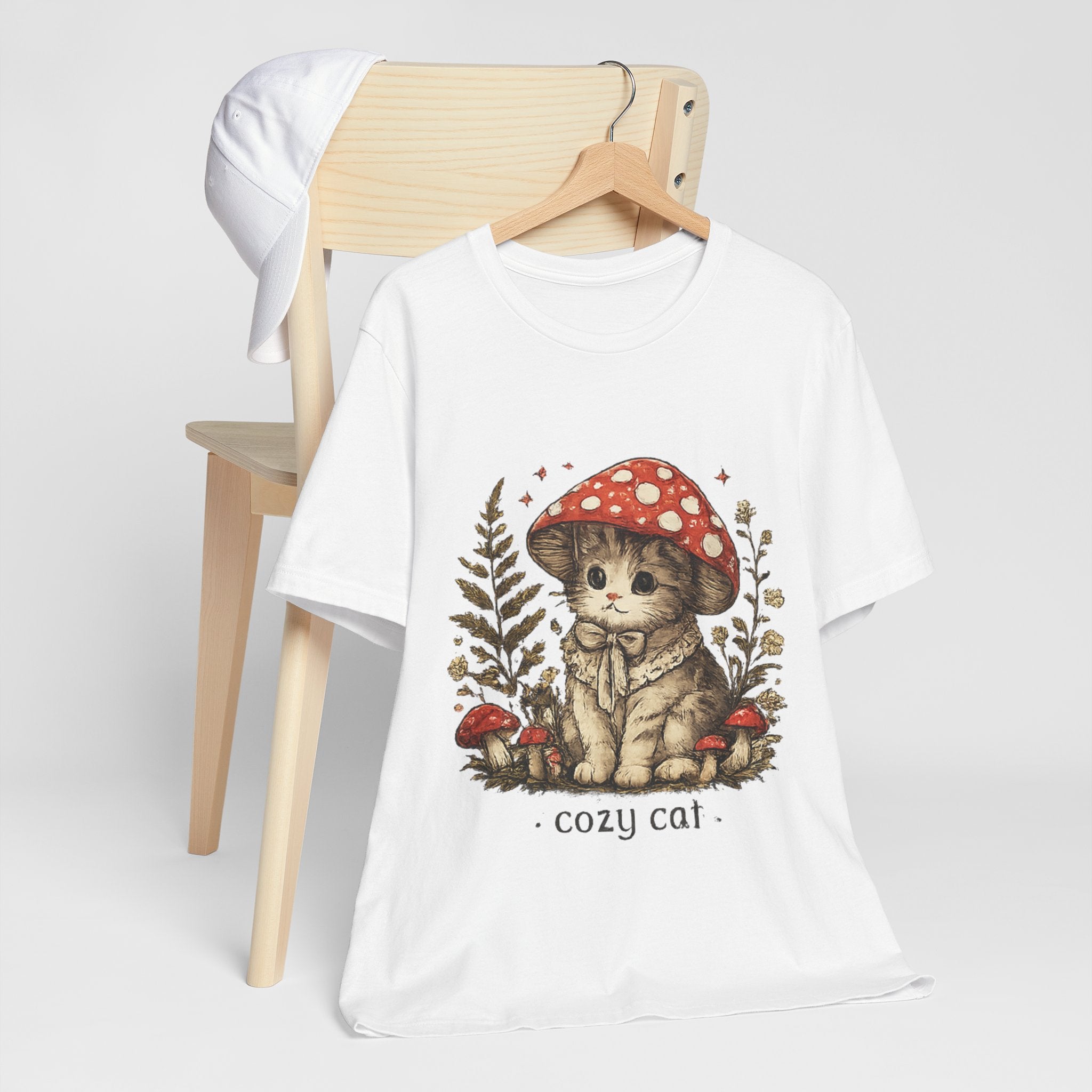 Cozy Cat Mushroom T-Shirt — Cute Woodland Kitten Graphic Tee