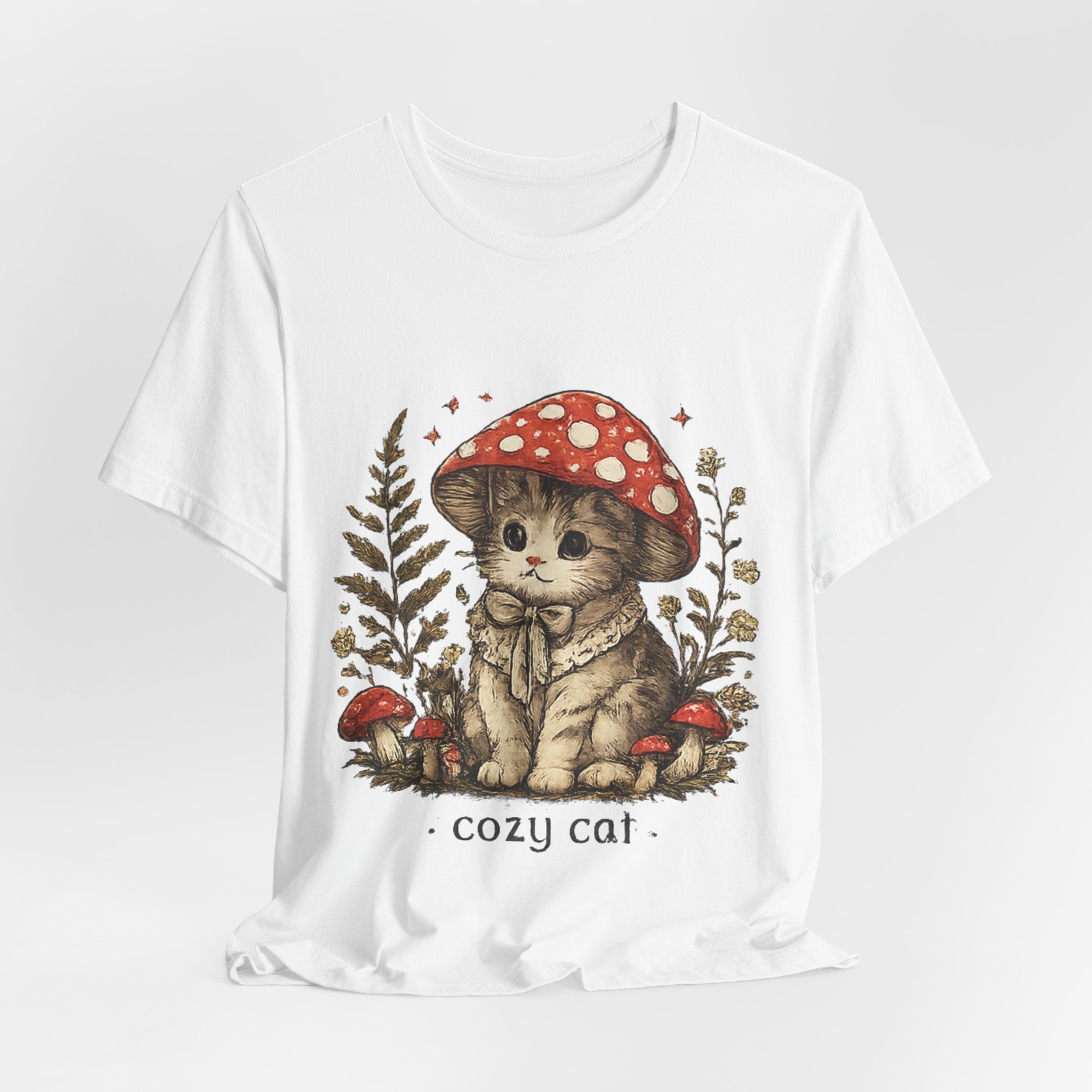 Cozy Cat Mushroom T-Shirt — Cute Woodland Kitten Graphic Tee
