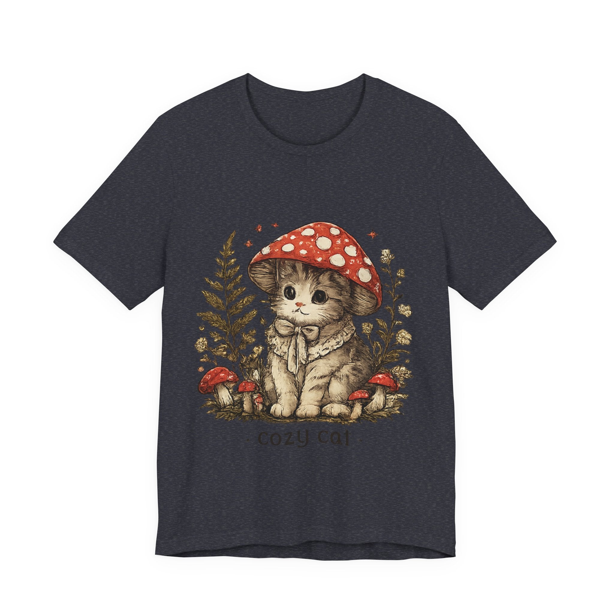 Cozy Cat Mushroom T-Shirt — Cute Woodland Kitten Graphic Tee