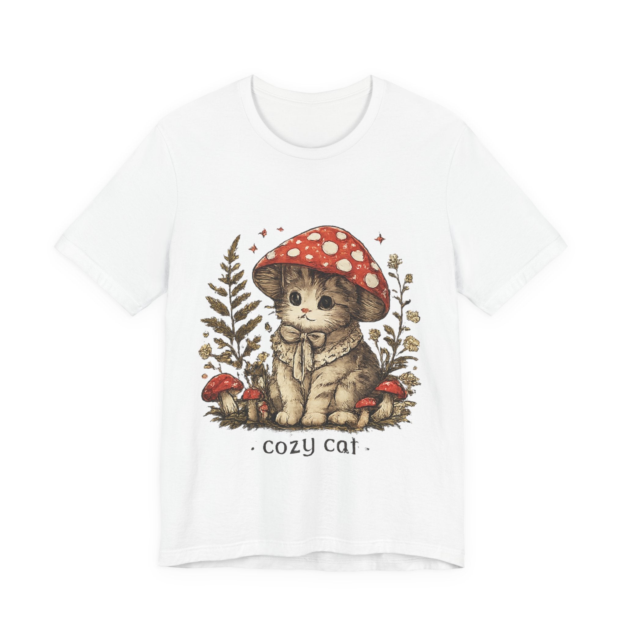 Cozy Cat Mushroom T-Shirt — Cute Woodland Kitten Graphic Tee