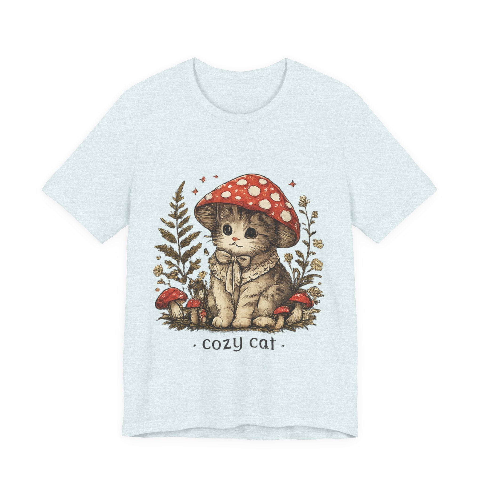 Cozy Cat Mushroom T-Shirt — Cute Woodland Kitten Graphic Tee