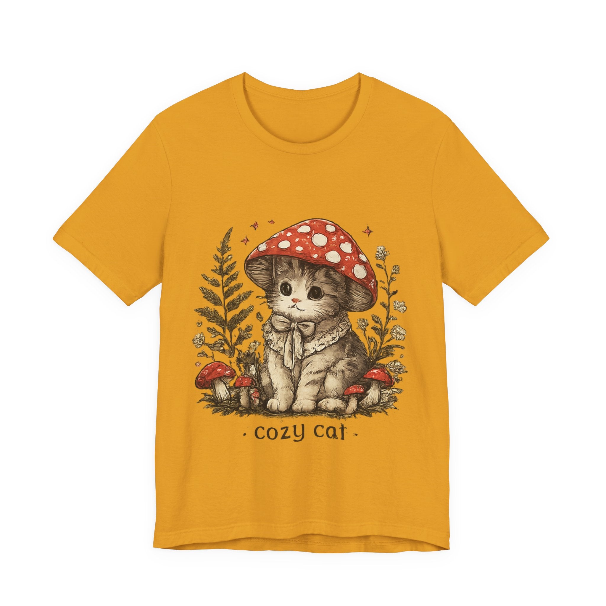 Cozy Cat Mushroom T-Shirt — Cute Woodland Kitten Graphic Tee