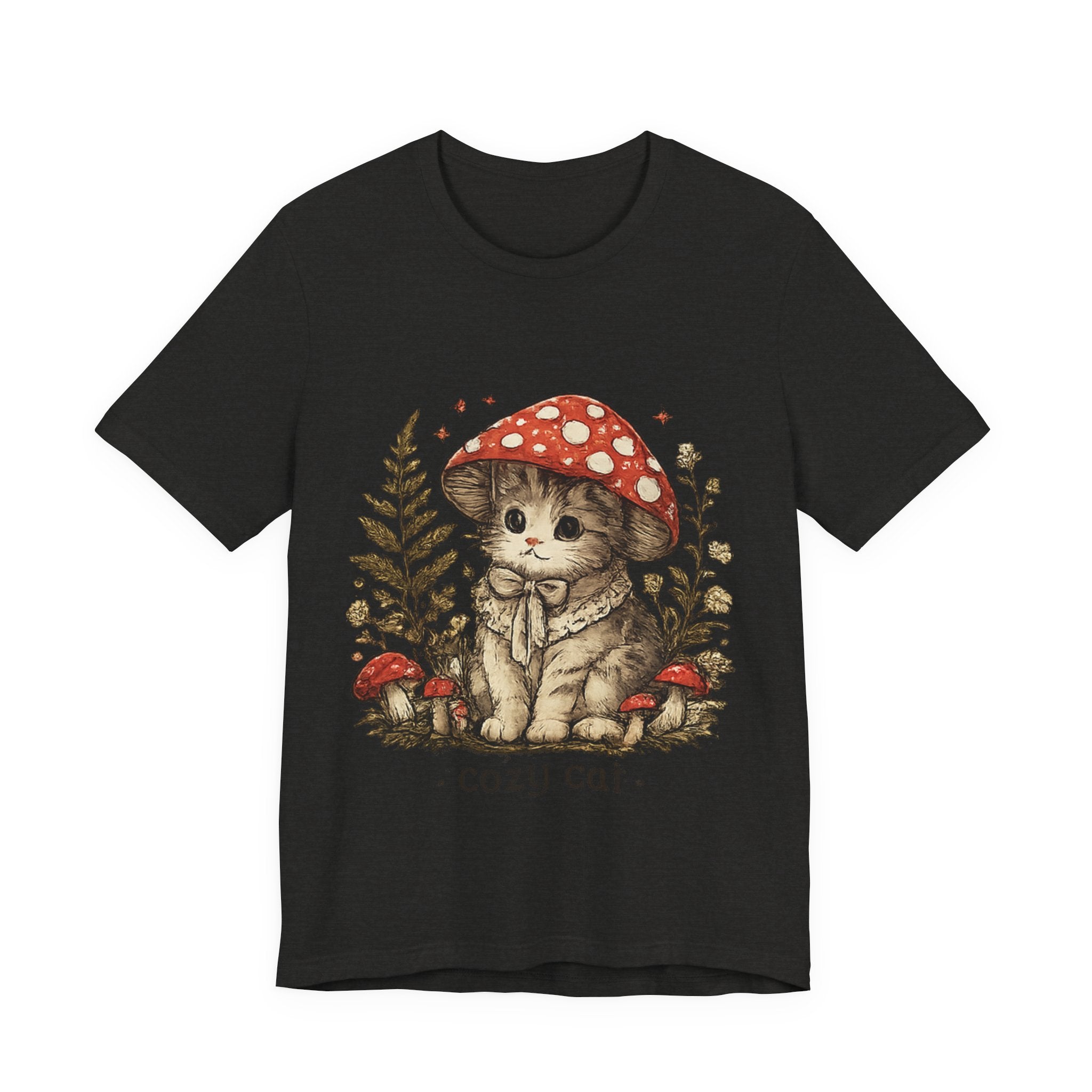 Cozy Cat Mushroom T-Shirt — Cute Woodland Kitten Graphic Tee