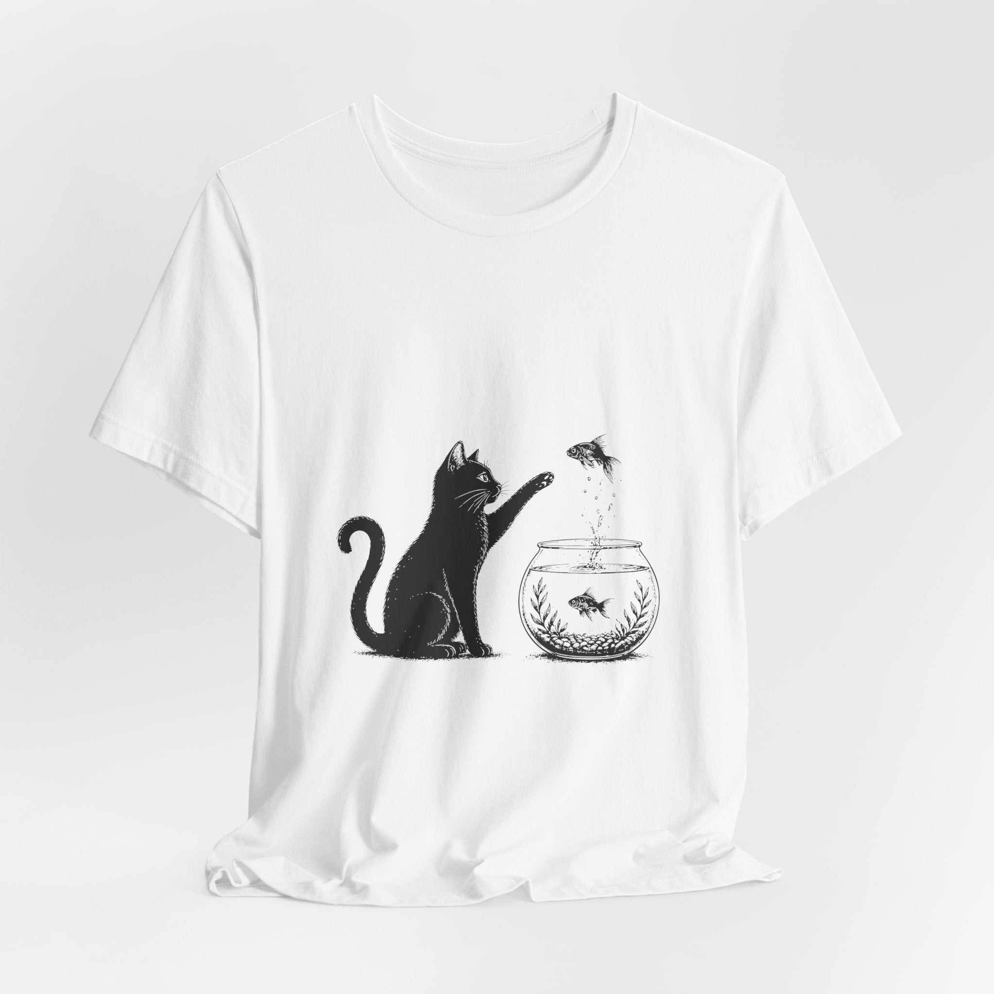 Cat and Goldfish Tee — Playful Black Cat Fishbowl Graphic T-Shirt