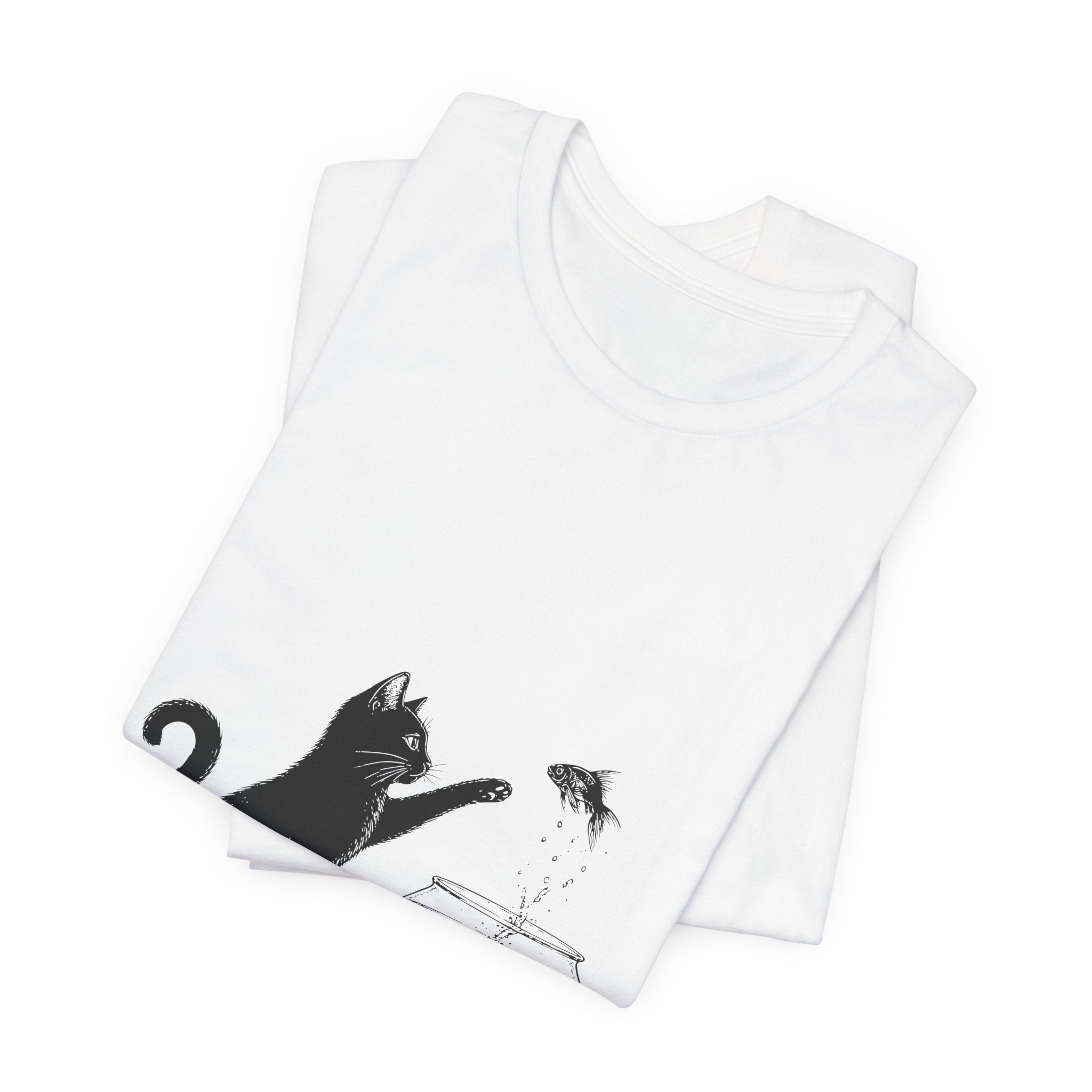 Cat and Goldfish Tee — Playful Black Cat Fishbowl Graphic T-Shirt