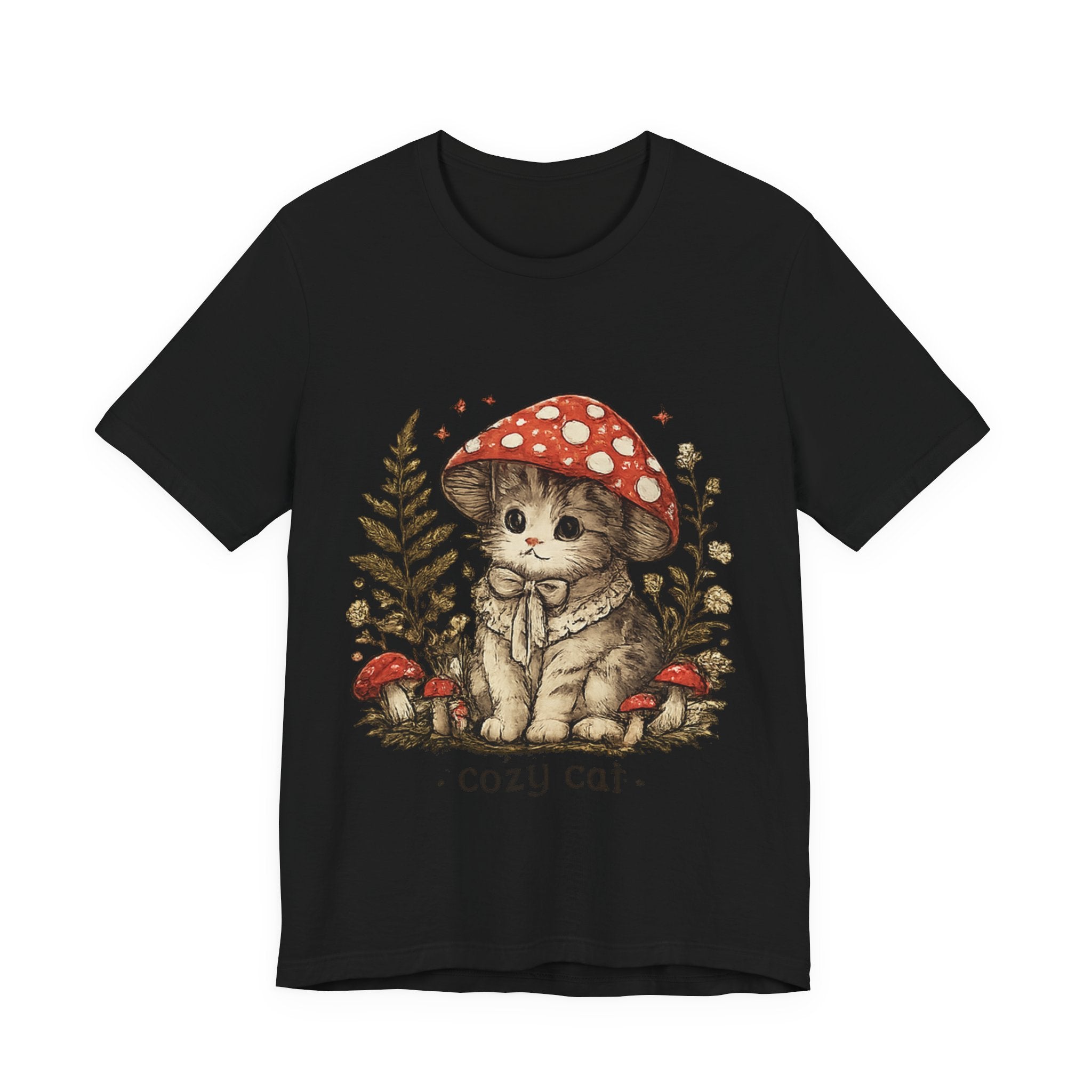 Cozy Cat Mushroom T-Shirt — Cute Woodland Kitten Graphic Tee