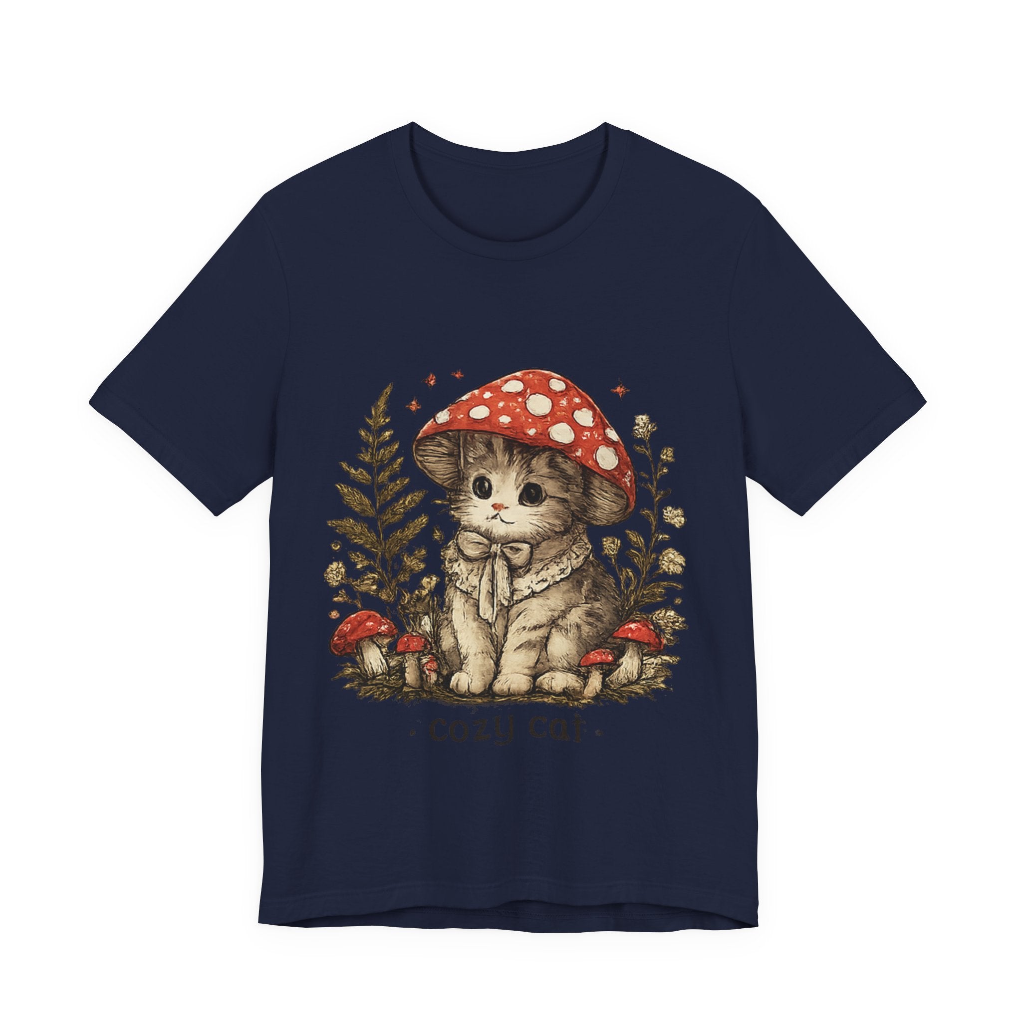 Cozy Cat Mushroom T-Shirt — Cute Woodland Kitten Graphic Tee