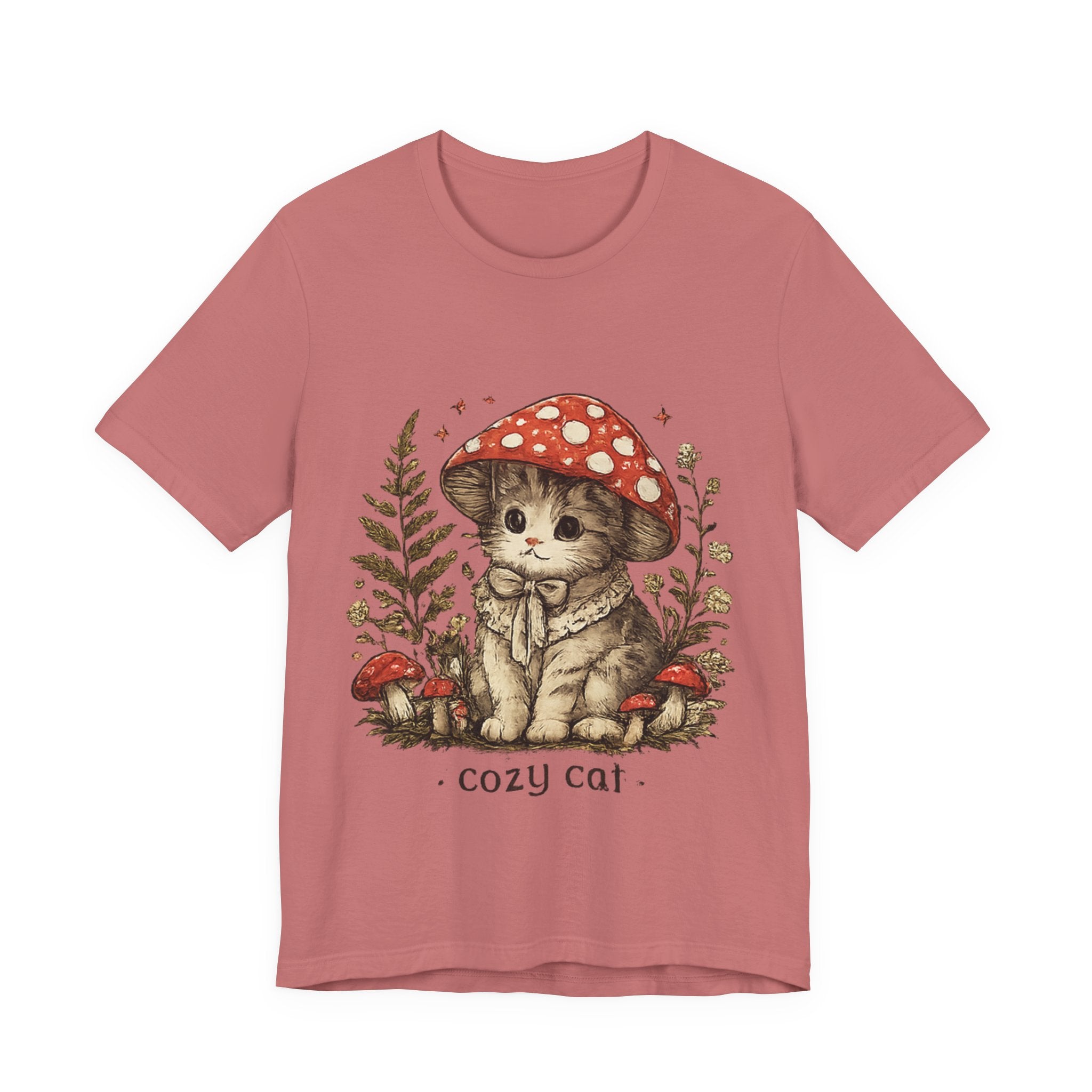 Cozy Cat Mushroom T-Shirt — Cute Woodland Kitten Graphic Tee