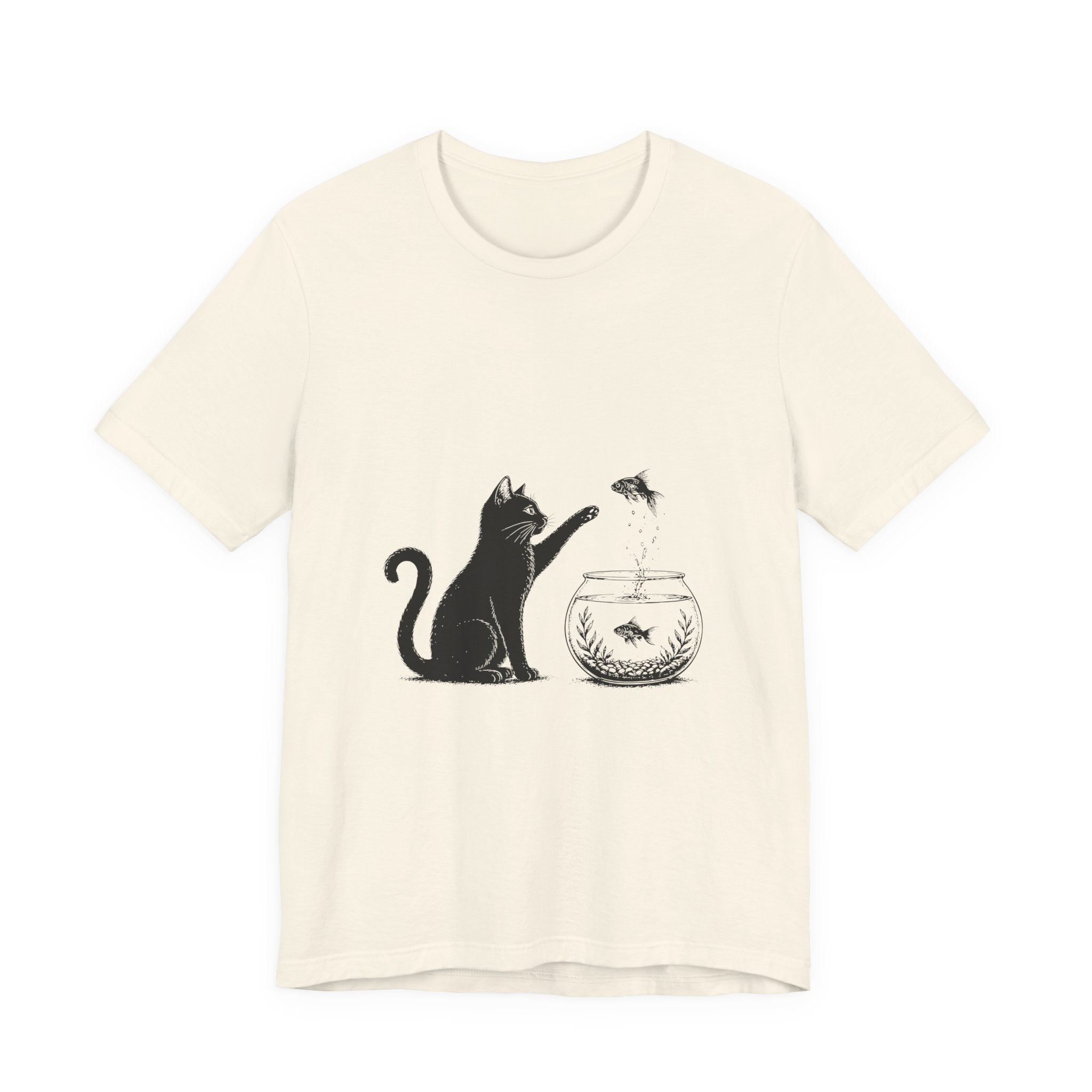 Cat and Goldfish Tee — Playful Black Cat Fishbowl Graphic T-Shirt
