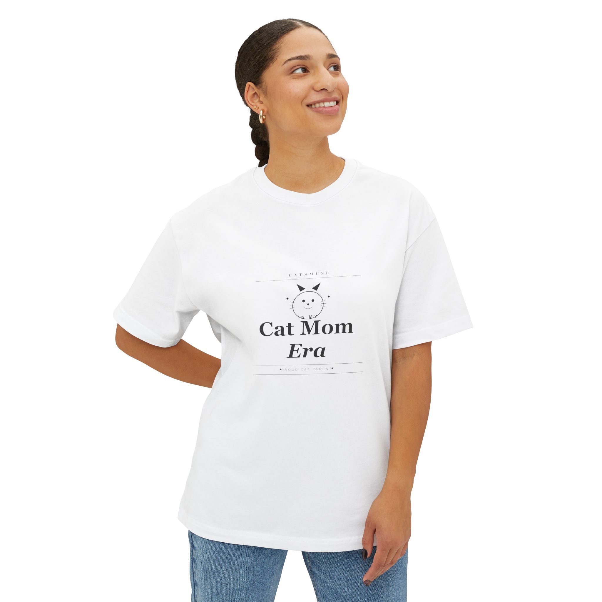 Cat Mom Era Tee — Oversized Boxy Shirt with Minimal Cat Graphic