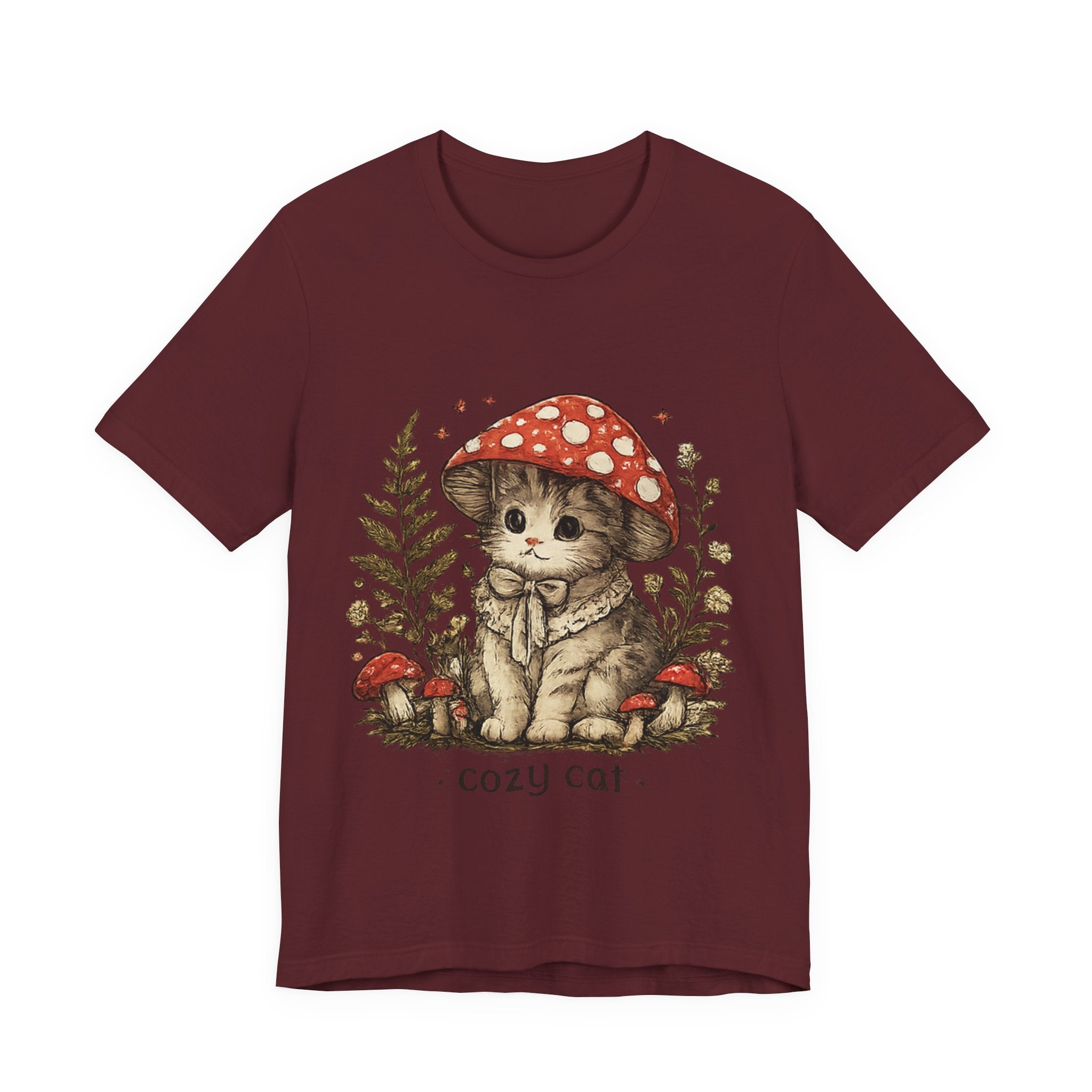 Cozy Cat Mushroom T-Shirt — Cute Woodland Kitten Graphic Tee