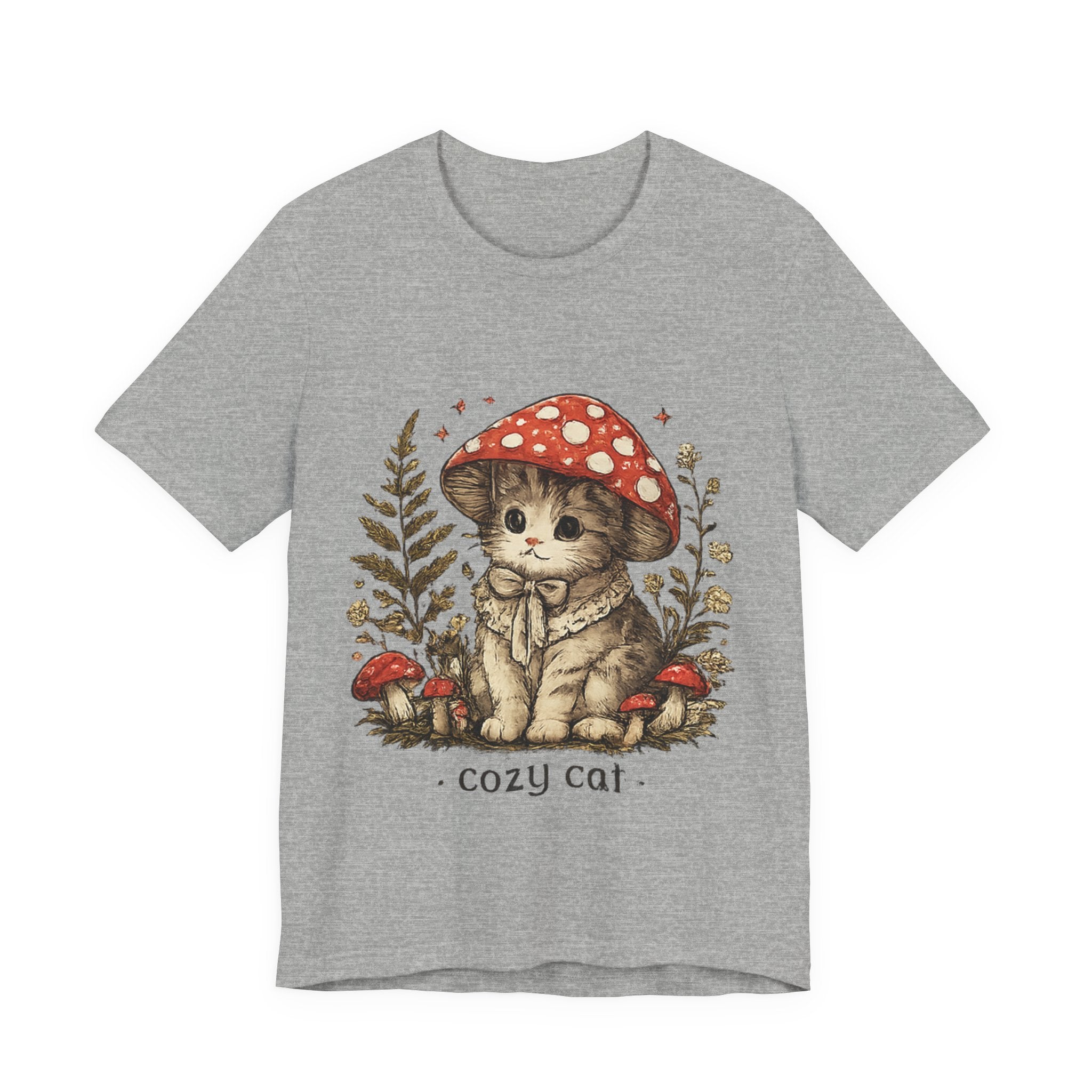 Cozy Cat Mushroom T-Shirt — Cute Woodland Kitten Graphic Tee