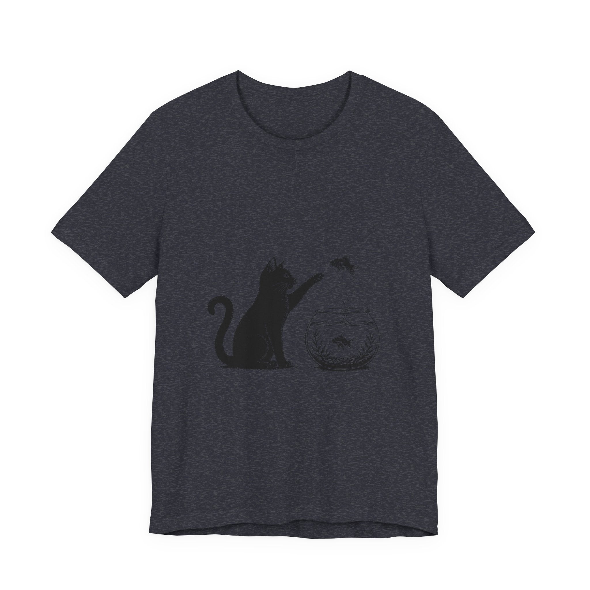 Cat and Goldfish Tee — Playful Black Cat Fishbowl Graphic T-Shirt