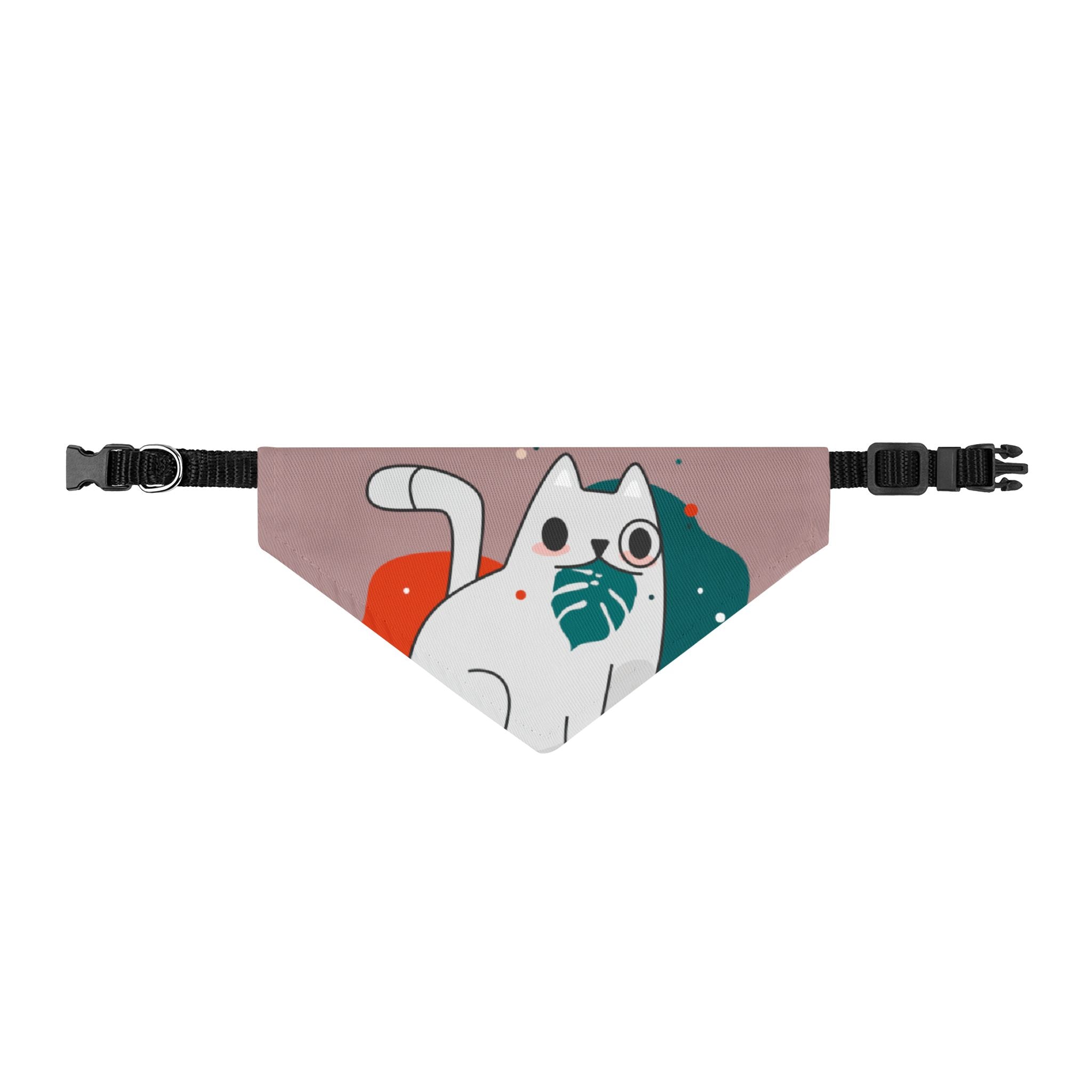 Clip-On Pet Bandana — Cute White Cat with Monstera Leaf Design