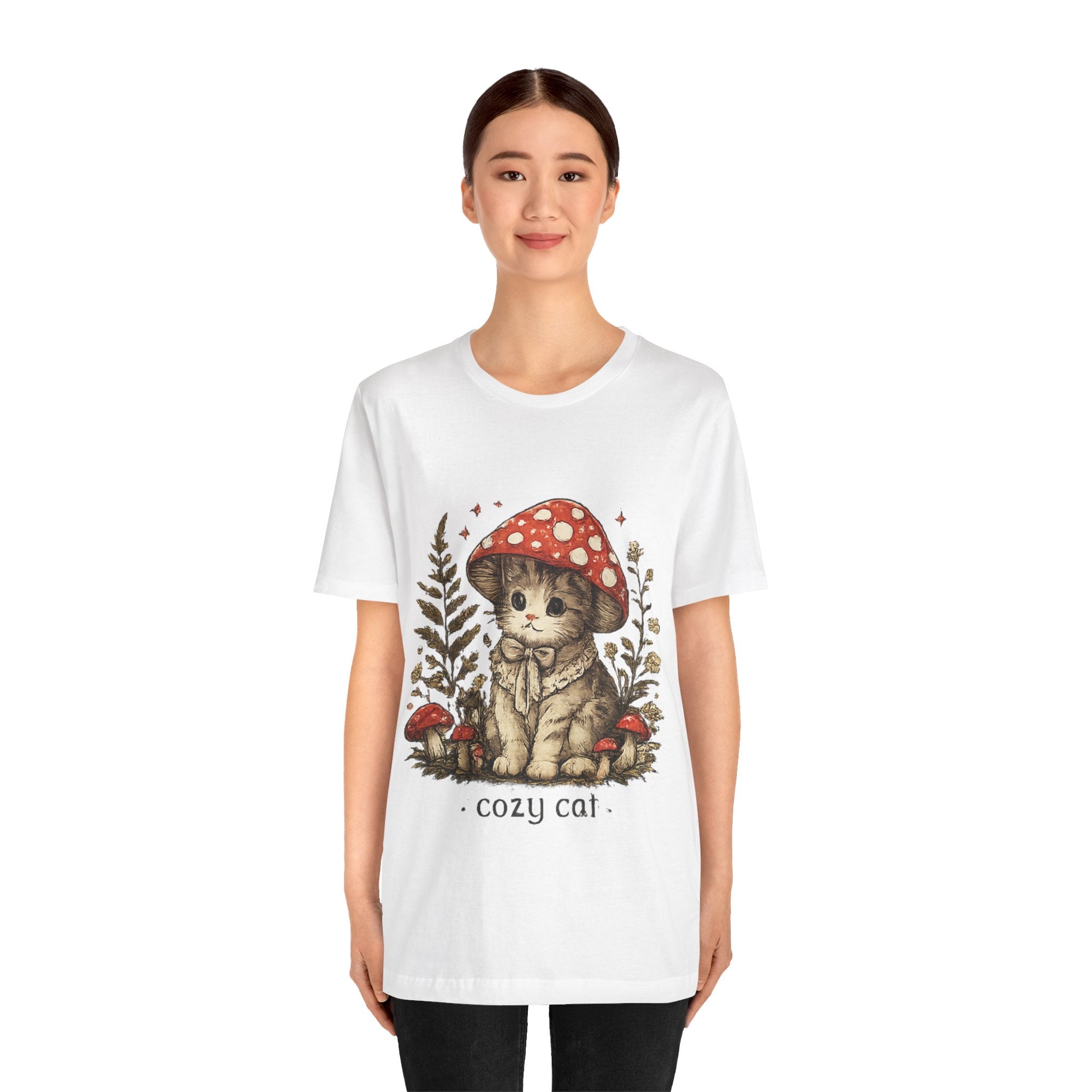 Cozy Cat Mushroom T-Shirt — Cute Woodland Kitten Graphic Tee
