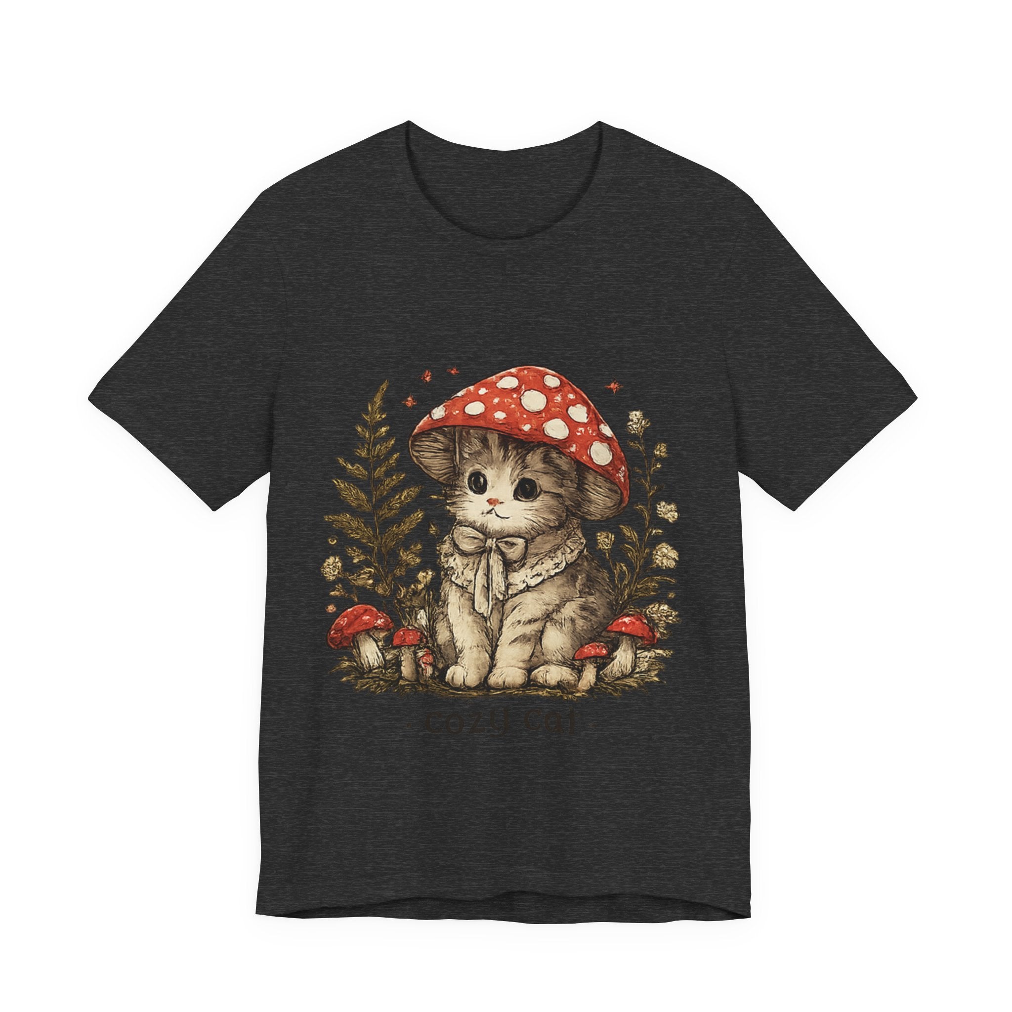 Cozy Cat Mushroom T-Shirt — Cute Woodland Kitten Graphic Tee