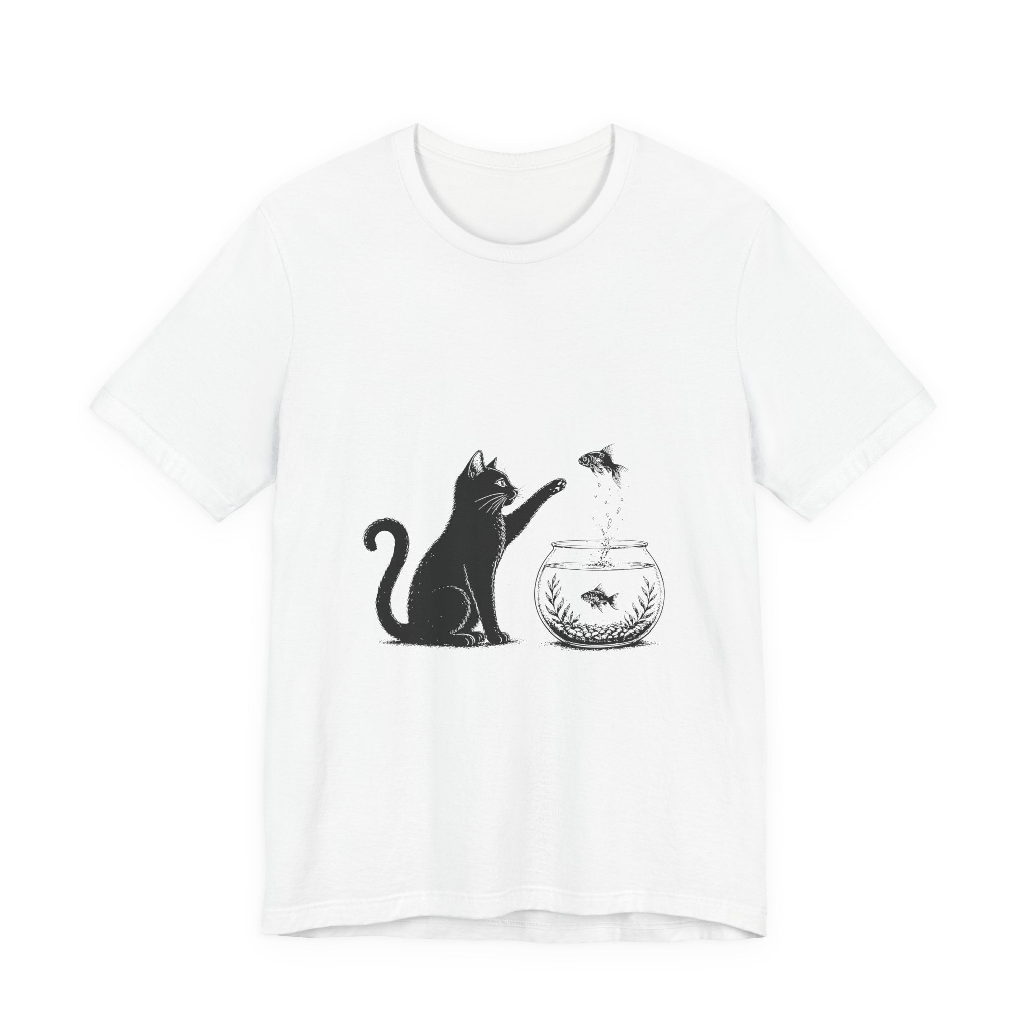 Cat and Goldfish Tee — Playful Black Cat Fishbowl Graphic T-Shirt